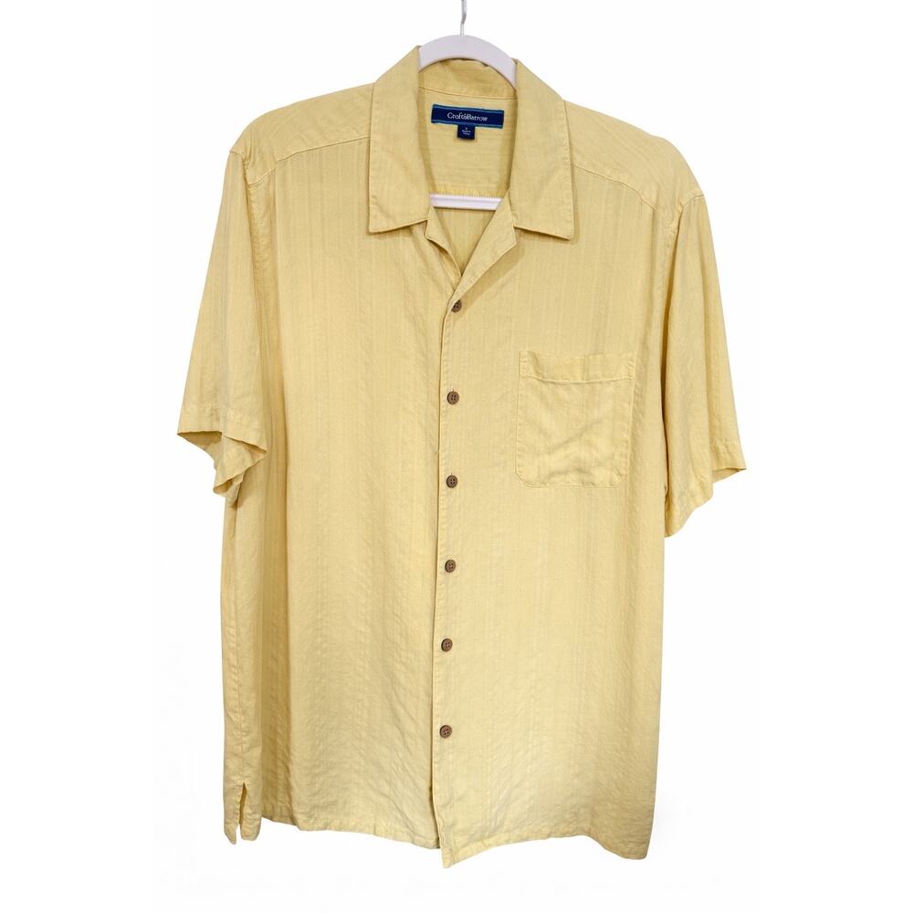 Croft & Barrow Mens Large 100% Silk Yellow Camp Shirt Resort Coastal Vacation